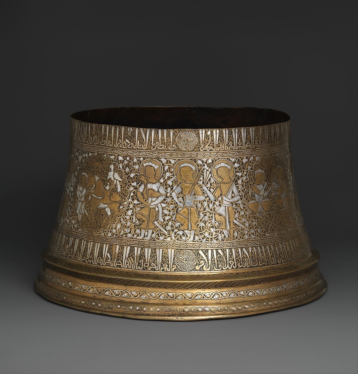 Candlestick Base, Brass; engraved and inlaid with silver