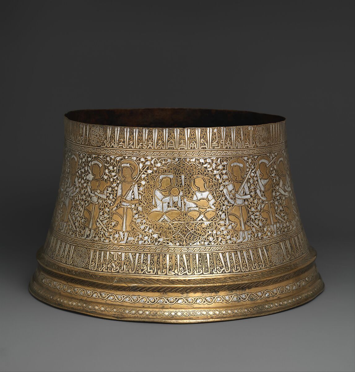 Candlestick Base, Brass; engraved and inlaid with silver