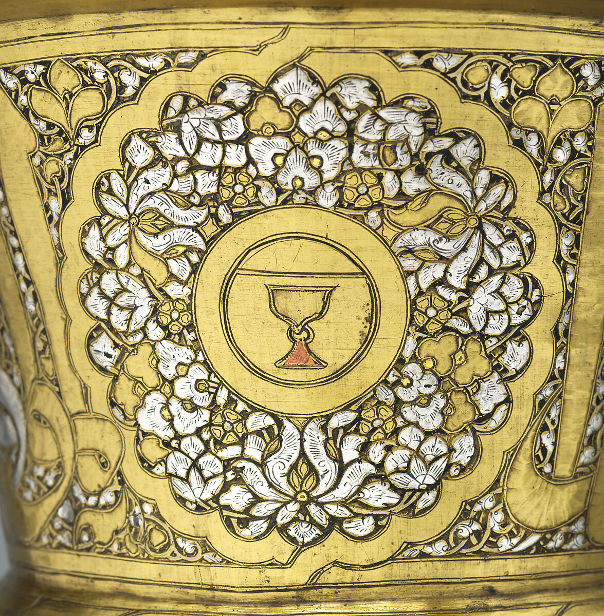 Tray Stand, Brass; hammered, turned, and chased, inlaid with silver, copper, and black compound