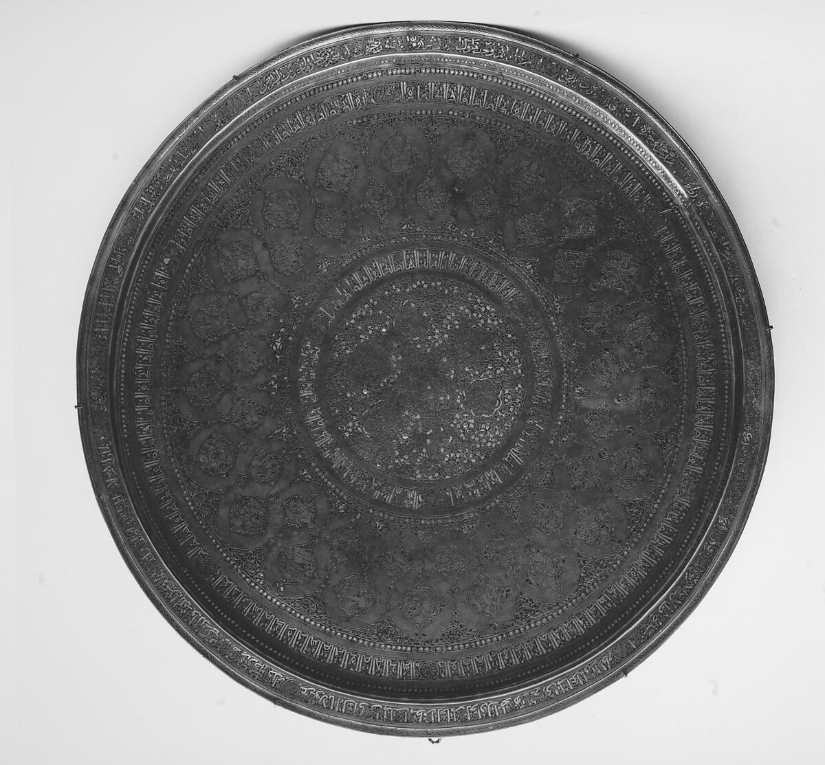 Tray, Brass; inlaid with silver and black compound