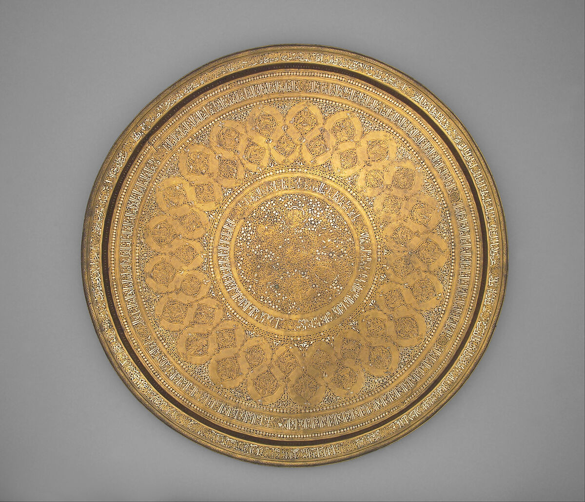 Tray, Brass; inlaid with silver and black compound