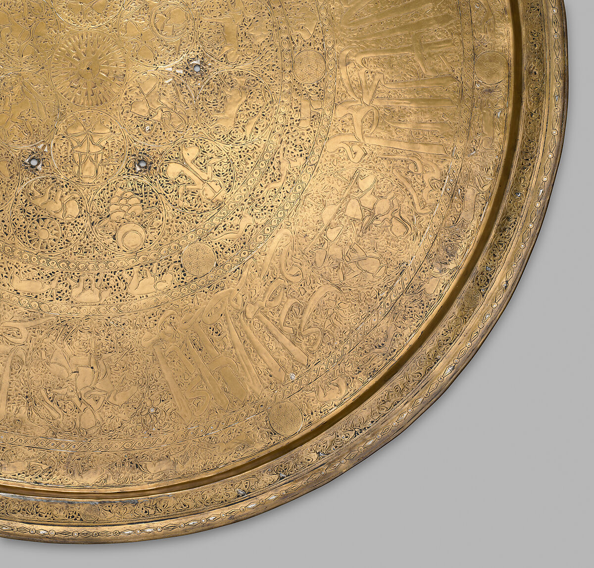 Tray, Brass; engraved and inlaid with silver and black compound