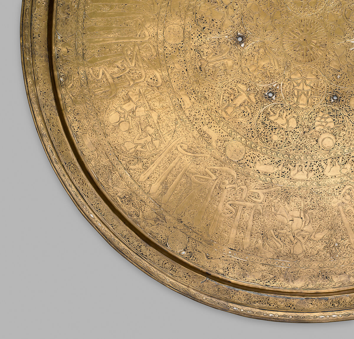 Tray, Brass; engraved and inlaid with silver and black compound