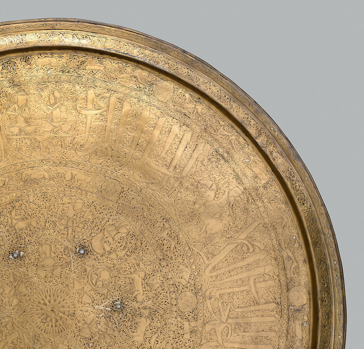 Tray, Brass; engraved and inlaid with silver and black compound