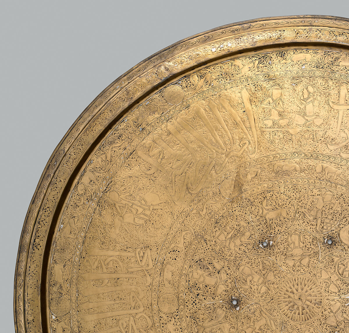 Tray, Brass; engraved and inlaid with silver and black compound