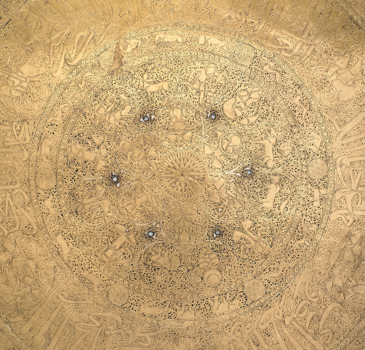 Tray, Brass; engraved and inlaid with silver and black compound