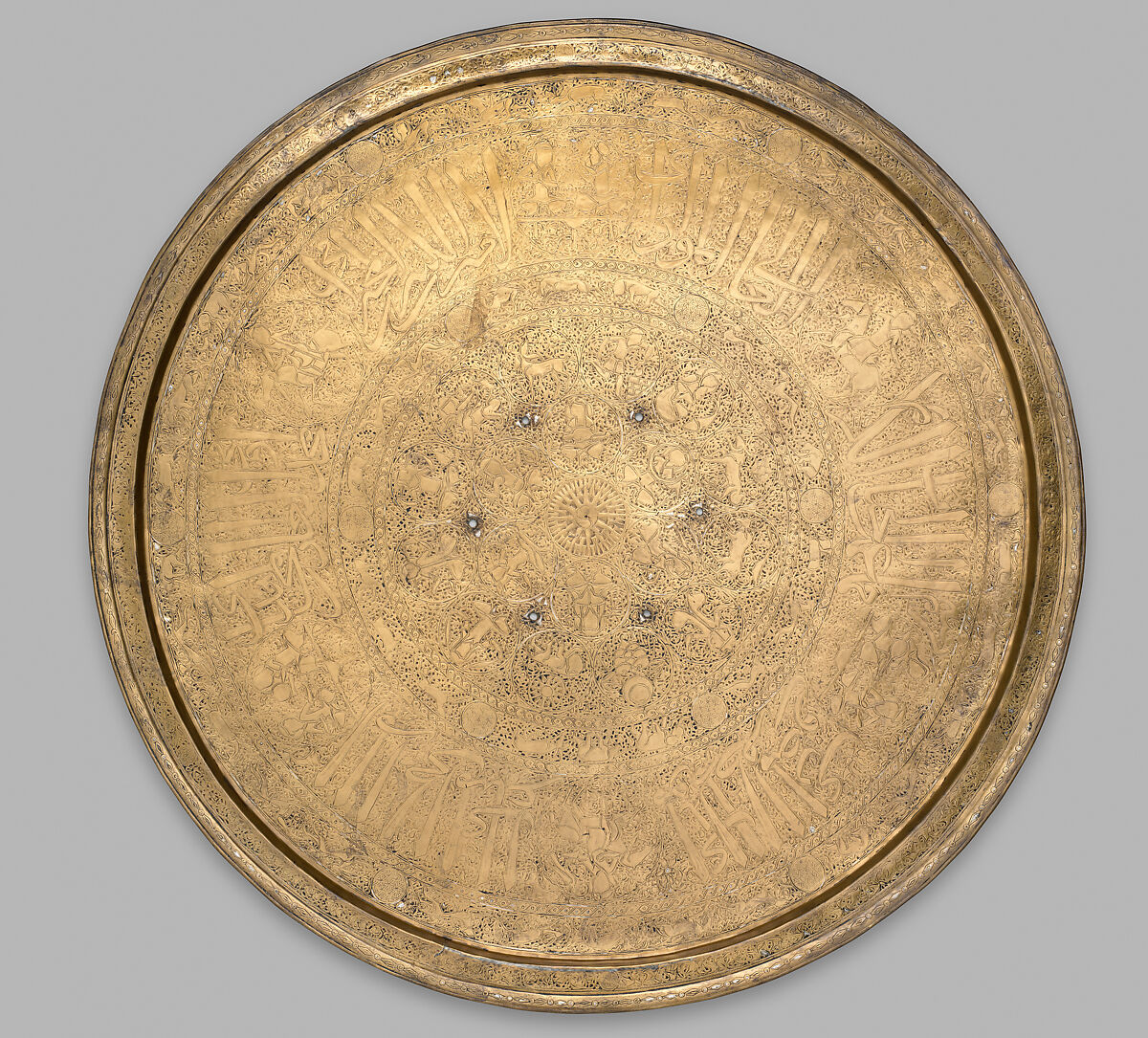 Tray, Brass; engraved and inlaid with silver and black compound