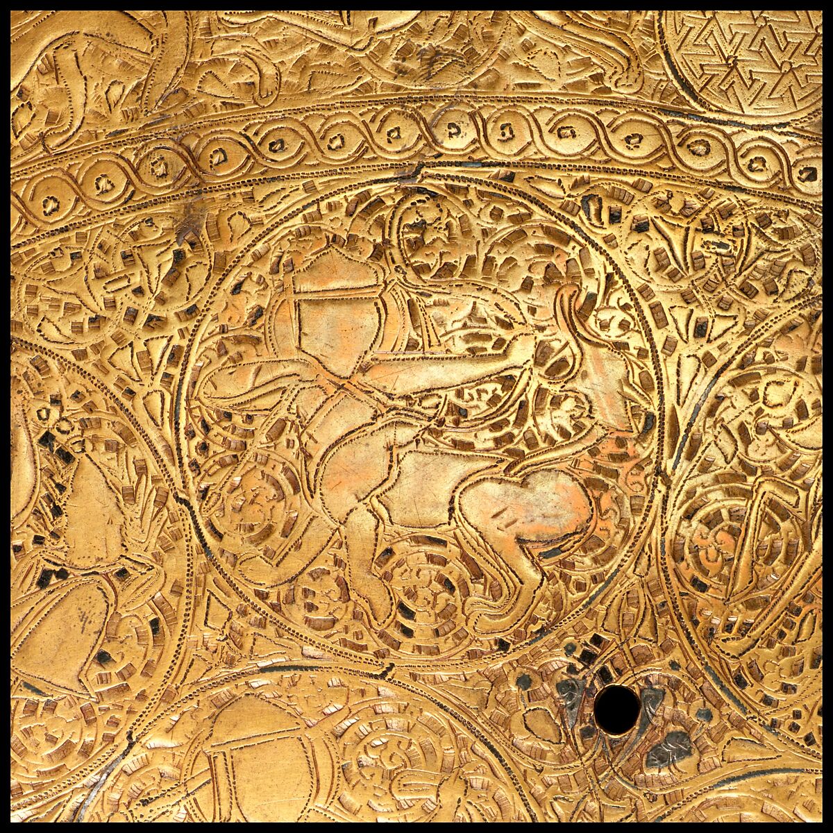 Tray, Brass; engraved and inlaid with silver and black compound