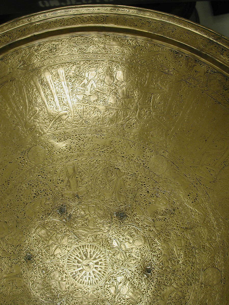 Tray, Brass; engraved and inlaid with silver and black compound