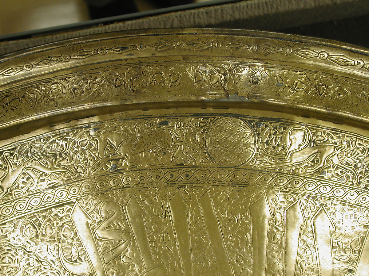 Tray, Brass; engraved and inlaid with silver and black compound