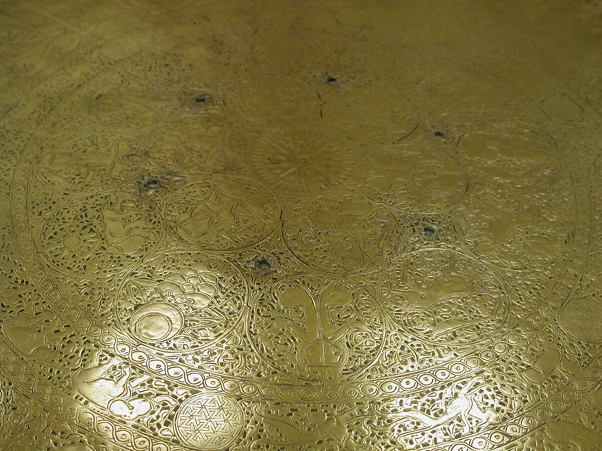 Tray, Brass; engraved and inlaid with silver and black compound