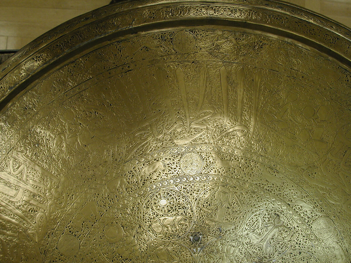 Tray, Brass; engraved and inlaid with silver and black compound