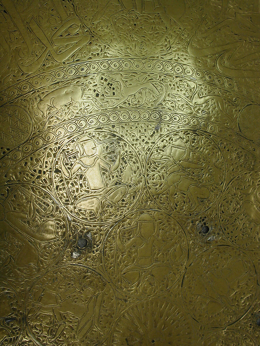 Tray, Brass; engraved and inlaid with silver and black compound