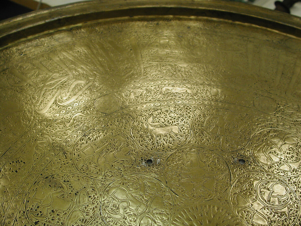 Tray, Brass; engraved and inlaid with silver and black compound