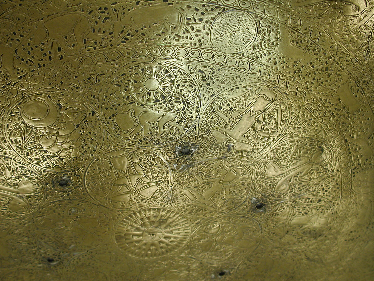 Tray, Brass; engraved and inlaid with silver and black compound