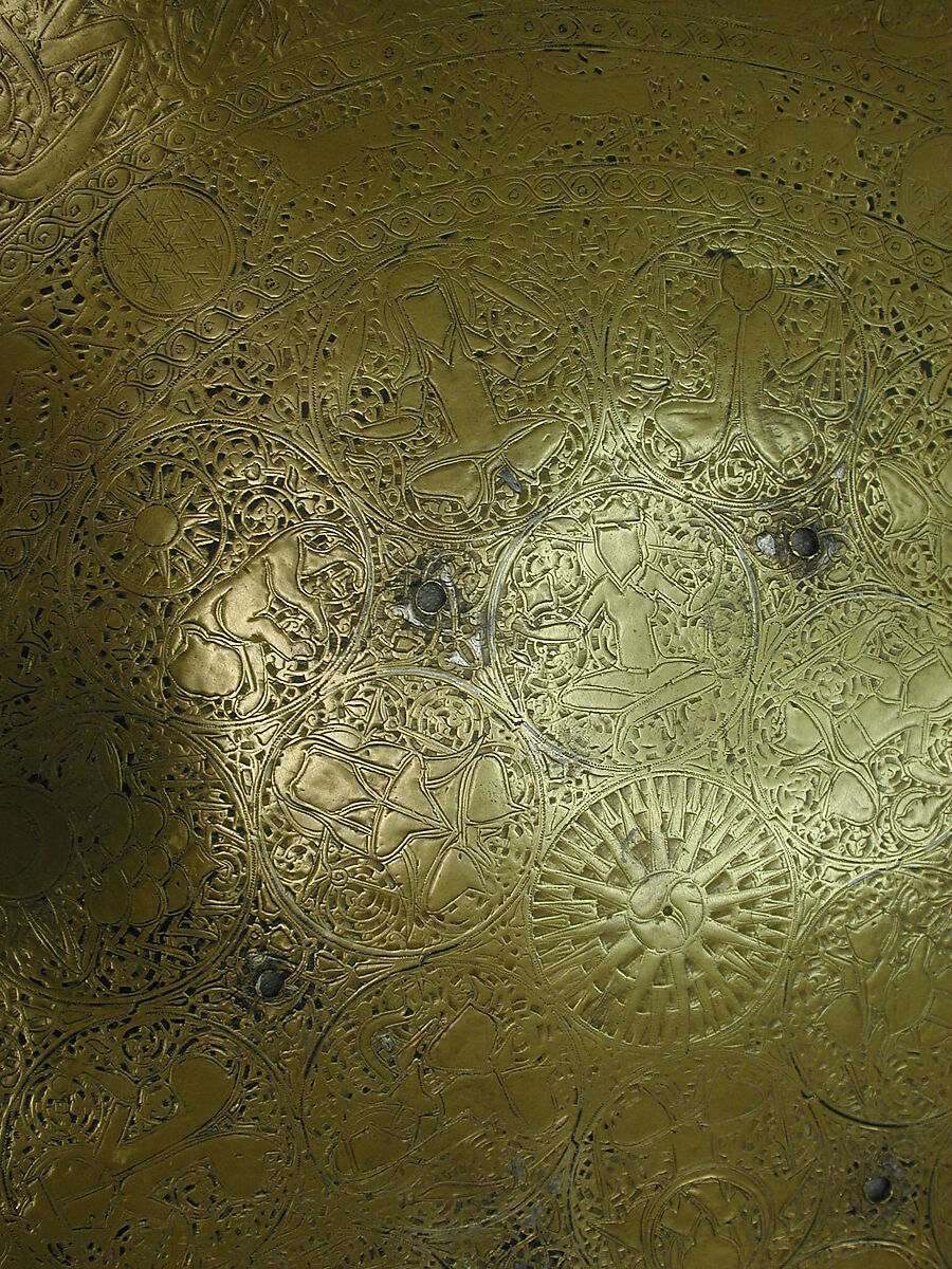 Tray, Brass; engraved and inlaid with silver and black compound