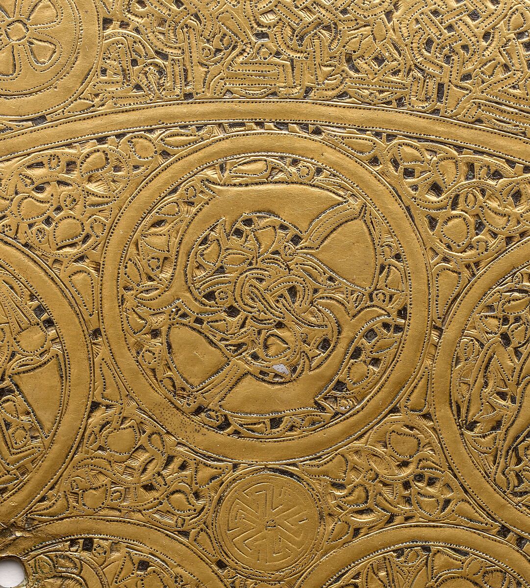 Tray, Brass; engraved and inlaid with silver and black compound