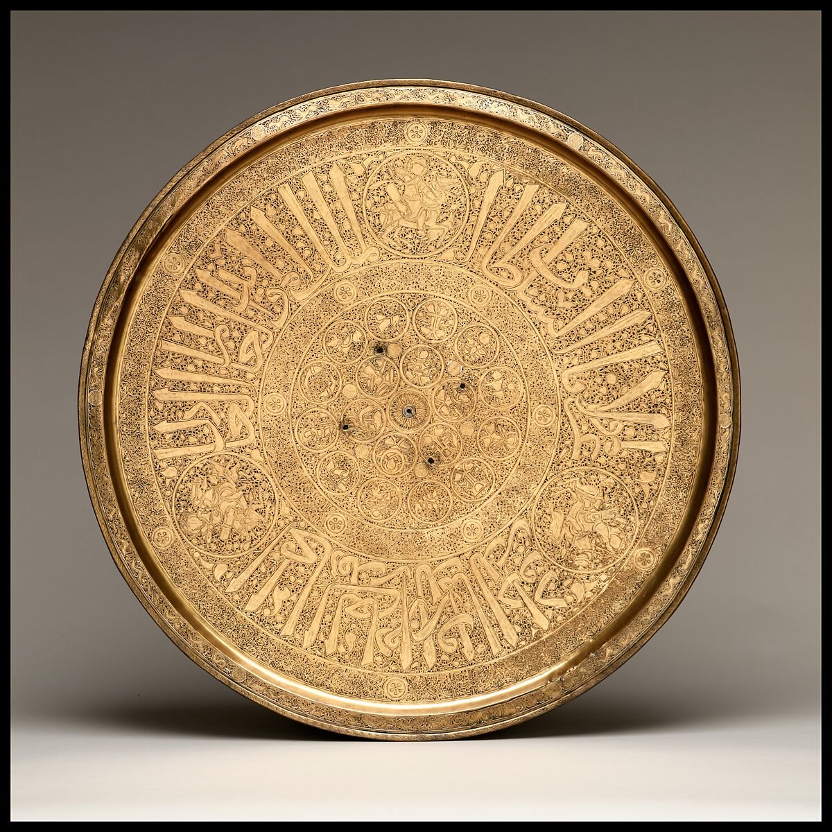 Tray Made for the Rasulid Sultan al-Mu'ayyad Da'ud ibn Yusuf, Brass; engraved and inlaid with silver and black compound