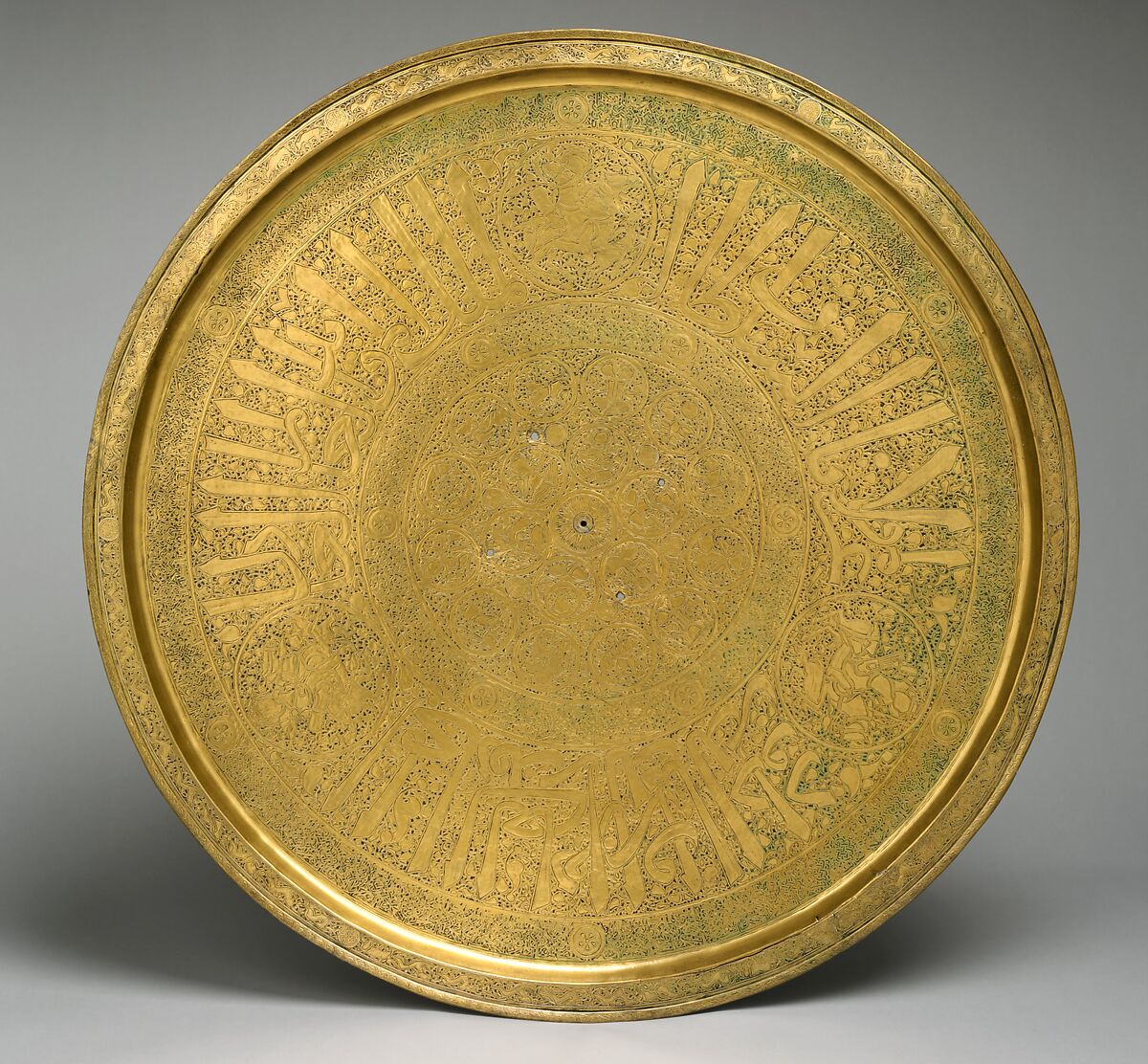 Tray Made for the Rasulid Sultan al-Mu'ayyad Da'ud ibn Yusuf, Brass; engraved and inlaid with silver and black compound