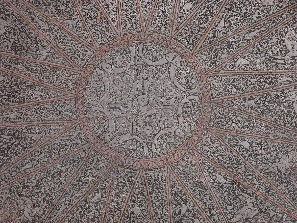 Tray, Iron; incised and inlaid with silver, incisions filled in with a black compound (probably pitch)