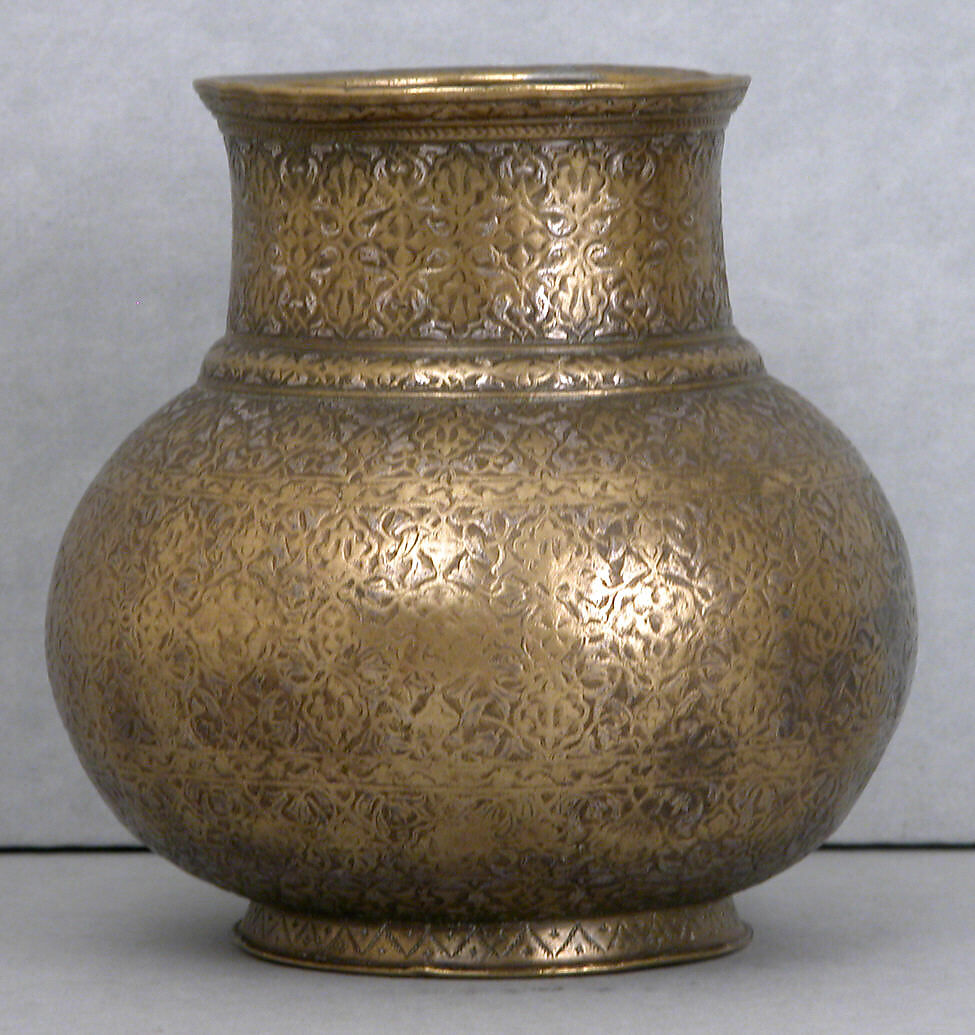 Inlaid Ewer, Brass; cast and turned, engraved, inlaid with silver and black compound