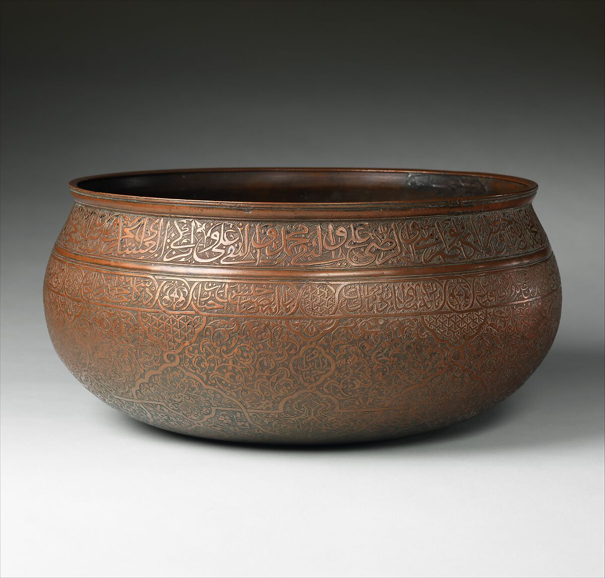 Inscribed Bowl, Al-Imami Sayyid Naqqash al-Husaini (active Iran, first half 16th century), Copper; tinned, engraved, and inlaid with black compound 