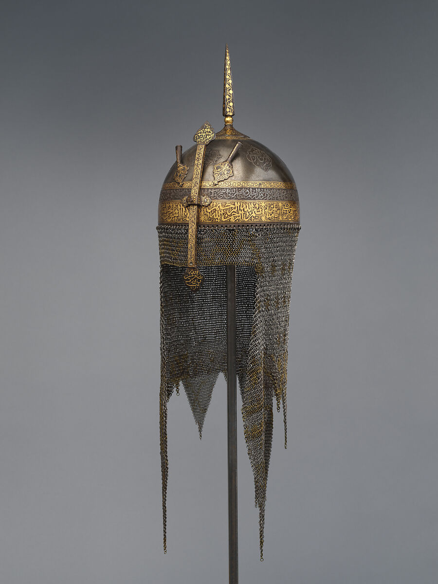 Helmet with Talismanic Inscriptions, Steel; damascened with gold