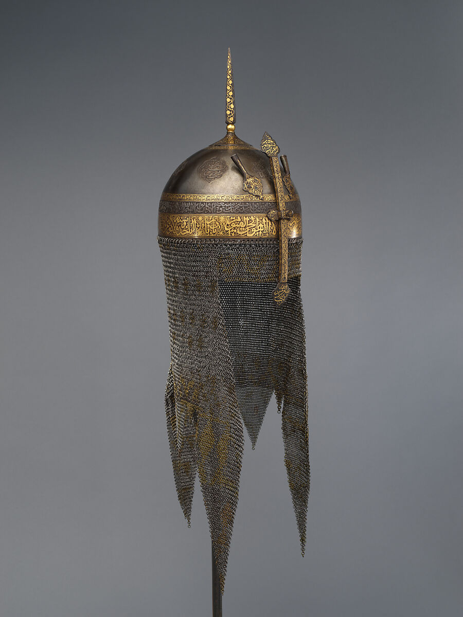 Helmet with Talismanic Inscriptions, Steel; damascened with gold