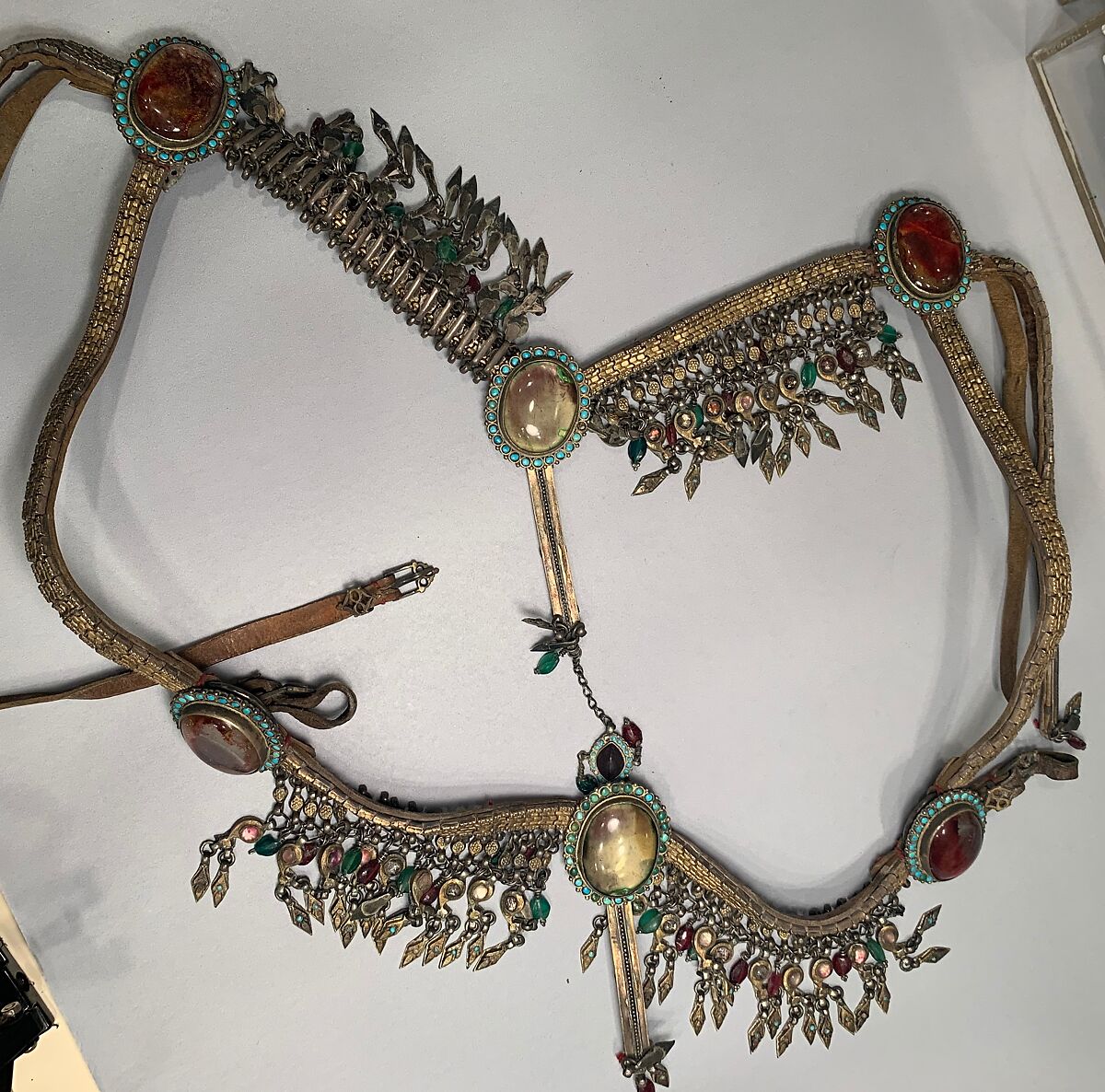Headstall with Reins, Leather, silver, jewels, and glass