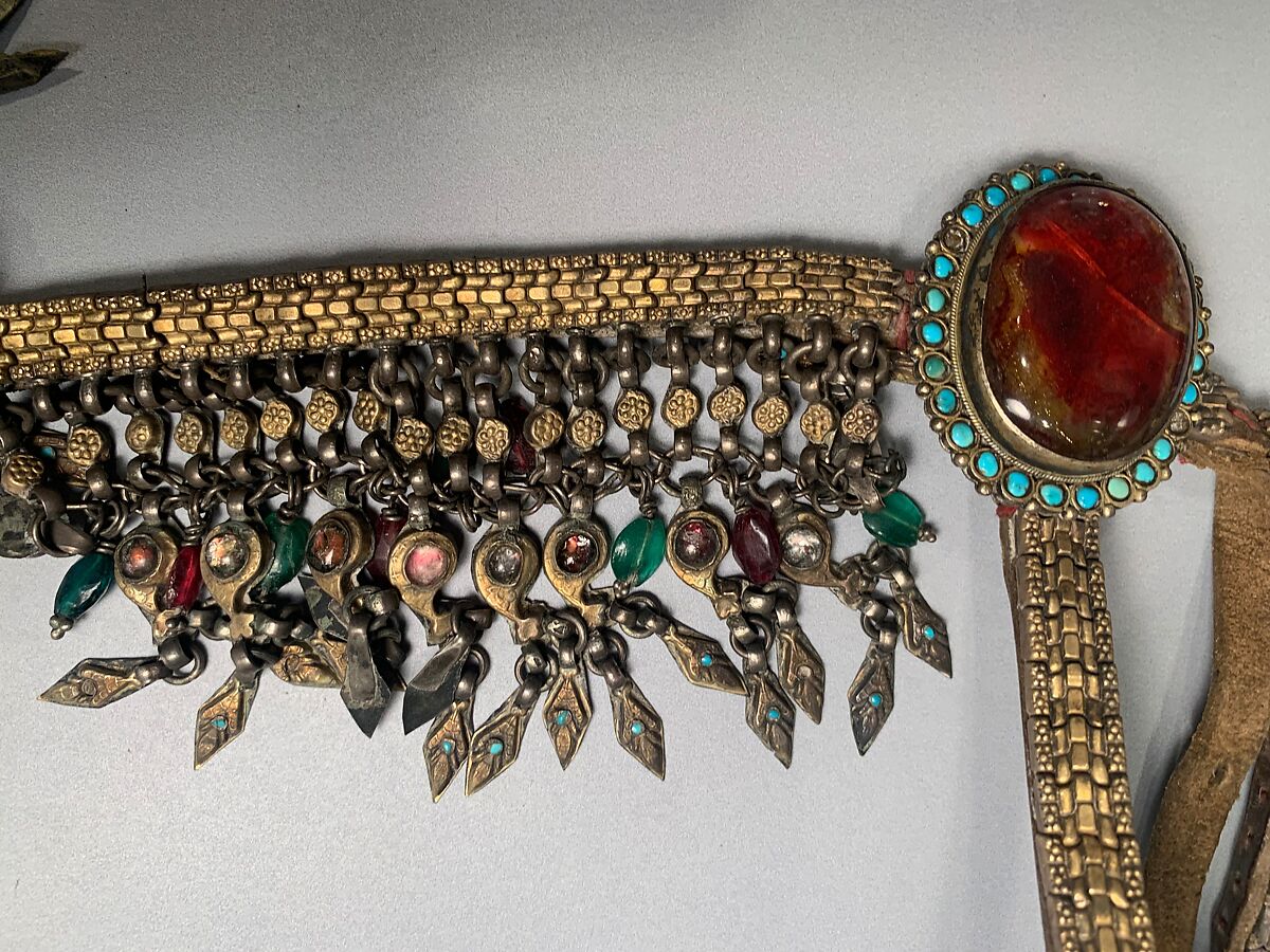 Headstall with Reins, Leather, silver, jewels, and glass