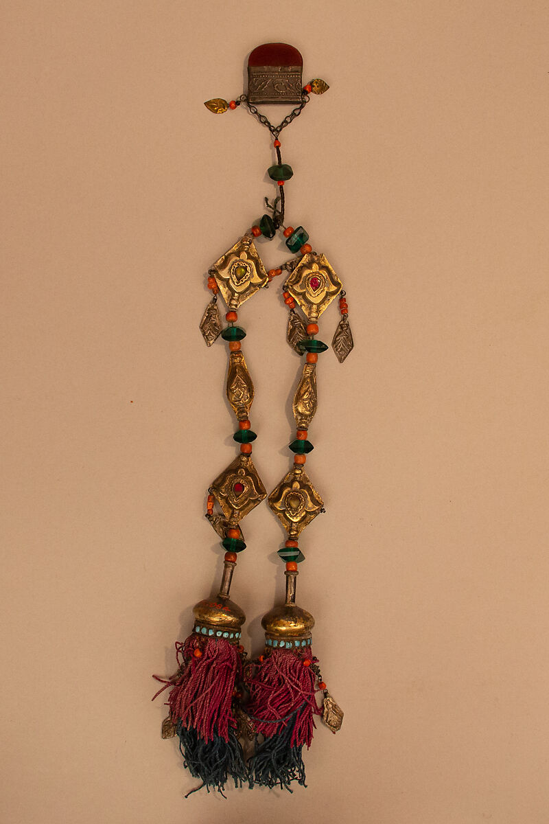 Hair Ornament [or Plait Ornament], Gold, silk, coral, turquoise, glass 