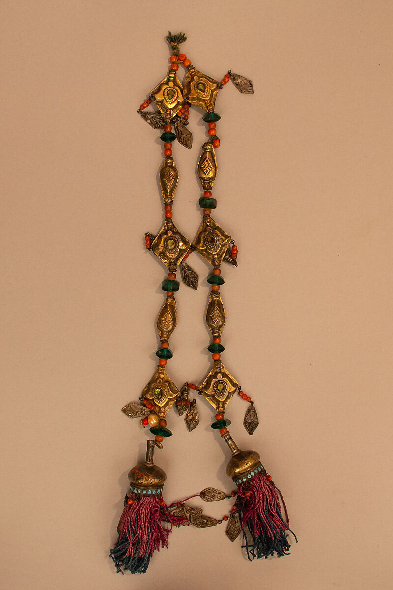 Hair Ornament [or Plait Ornament], Gold, glass, coral, turquoise, silver, and silk 