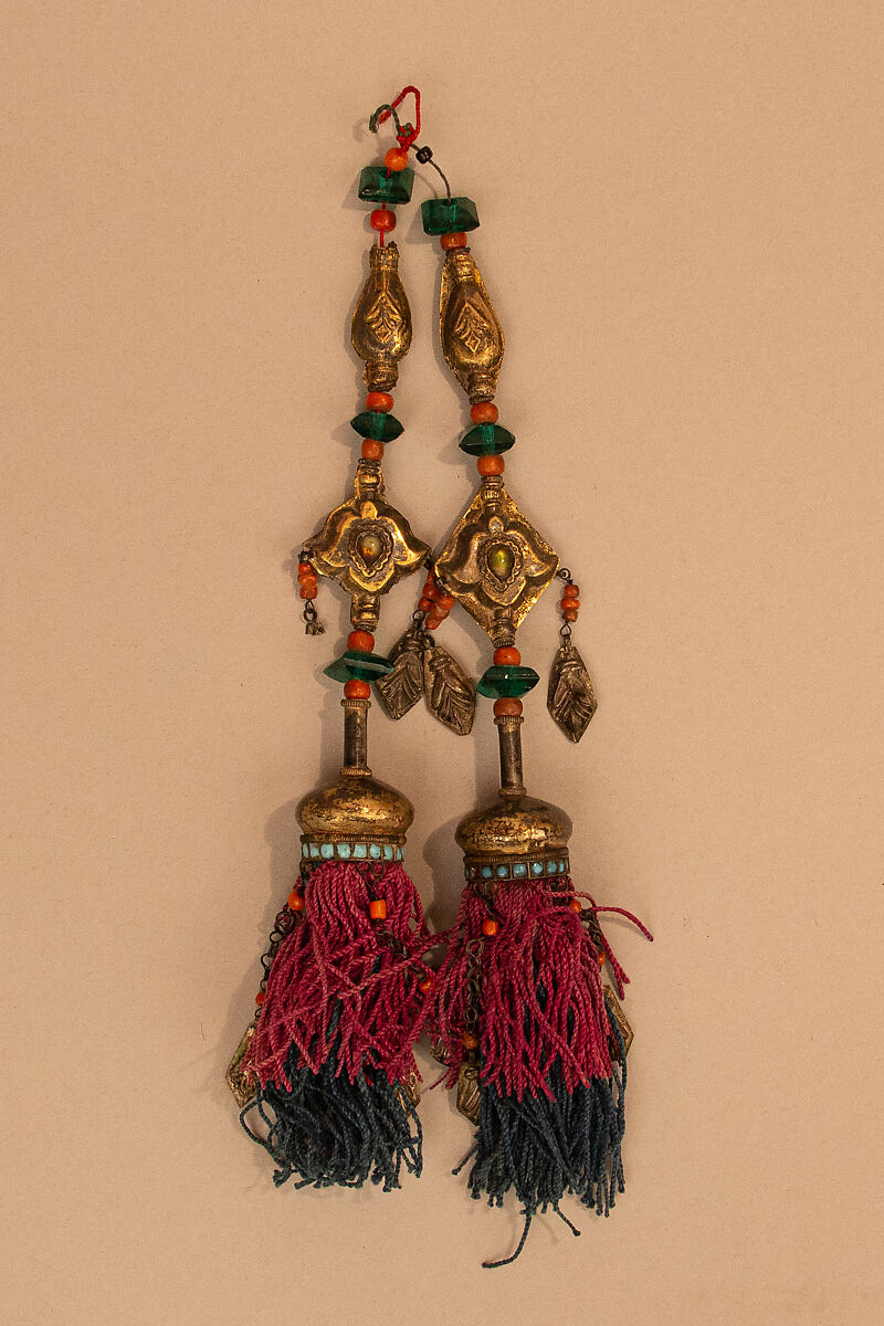 Hair Ornament [or Plait Ornament], Gold, silk, coral, turquoise, glass 