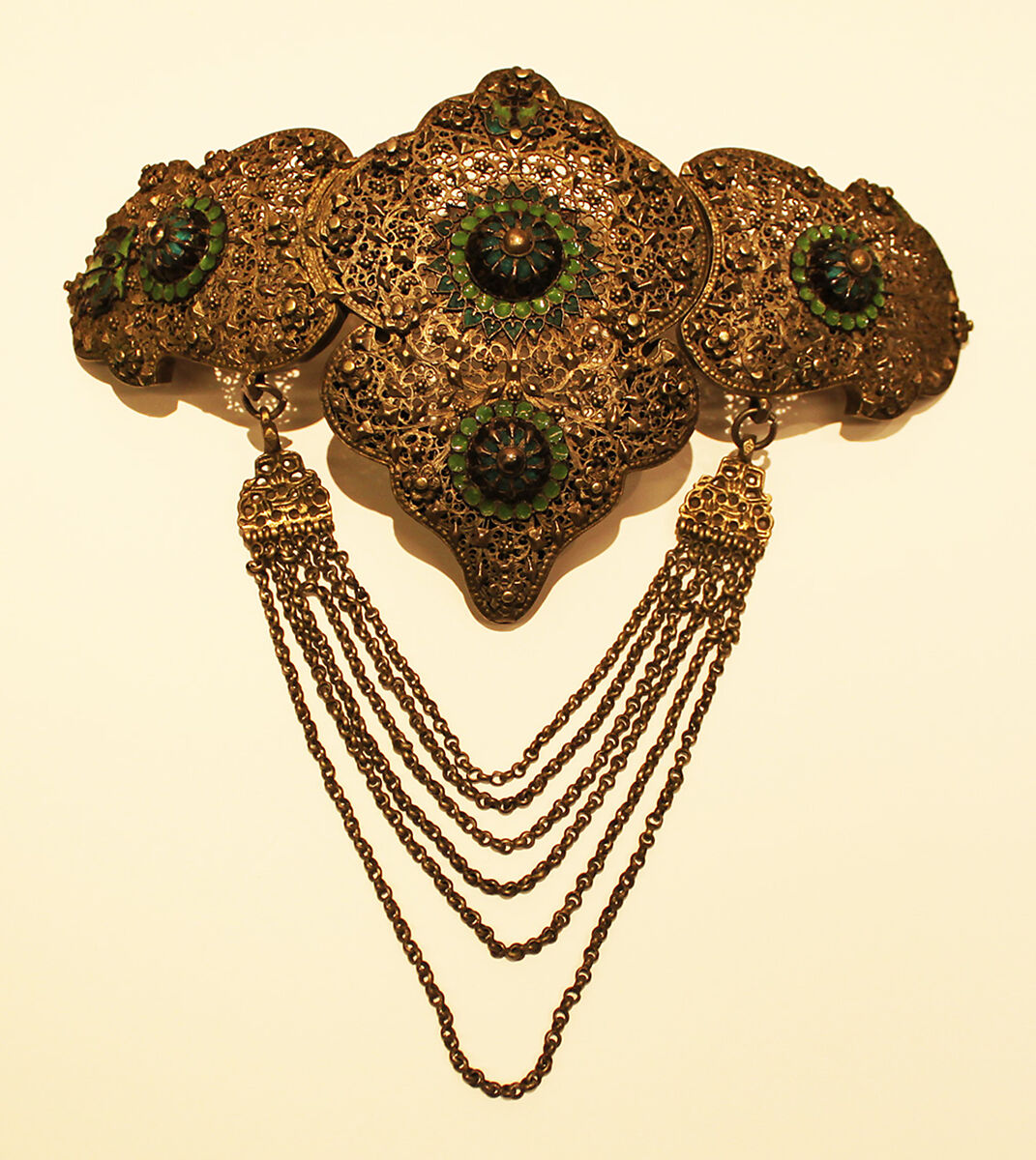 Girdle Clasp, Silver sheet; applied with filigree, granulation, inlaid with enamel