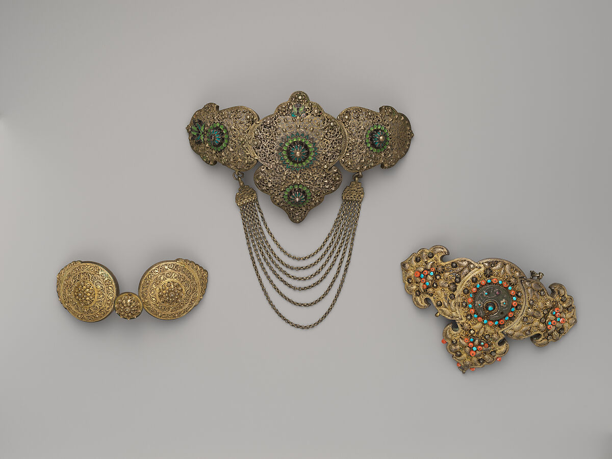 Girdle Clasp, Silver sheet; applied with filigree, granulation, inlaid with enamel