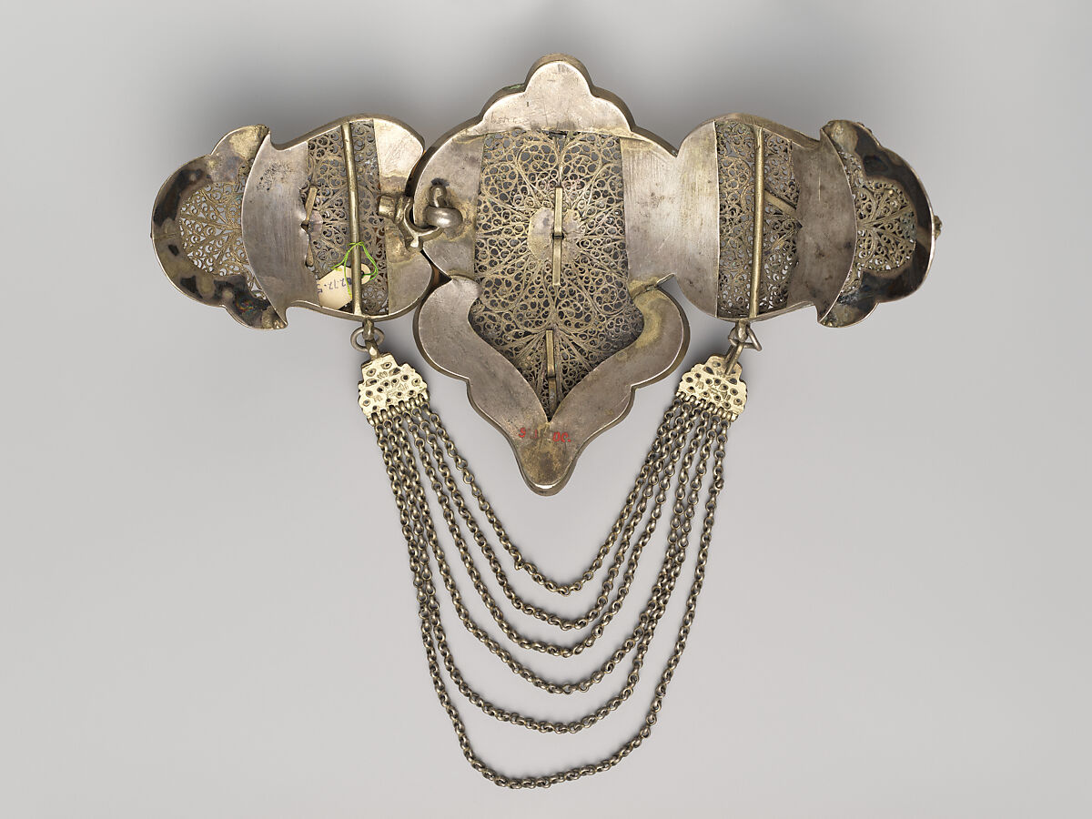 Girdle Clasp, Silver sheet; applied with filigree, granulation, inlaid with enamel