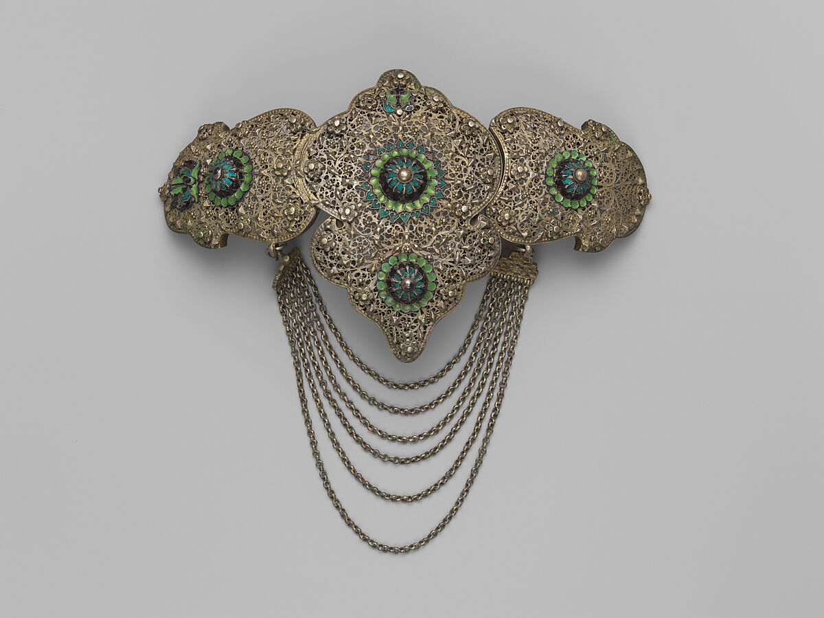 Girdle Clasp, Silver sheet; applied with filigree, granulation, inlaid with enamel 