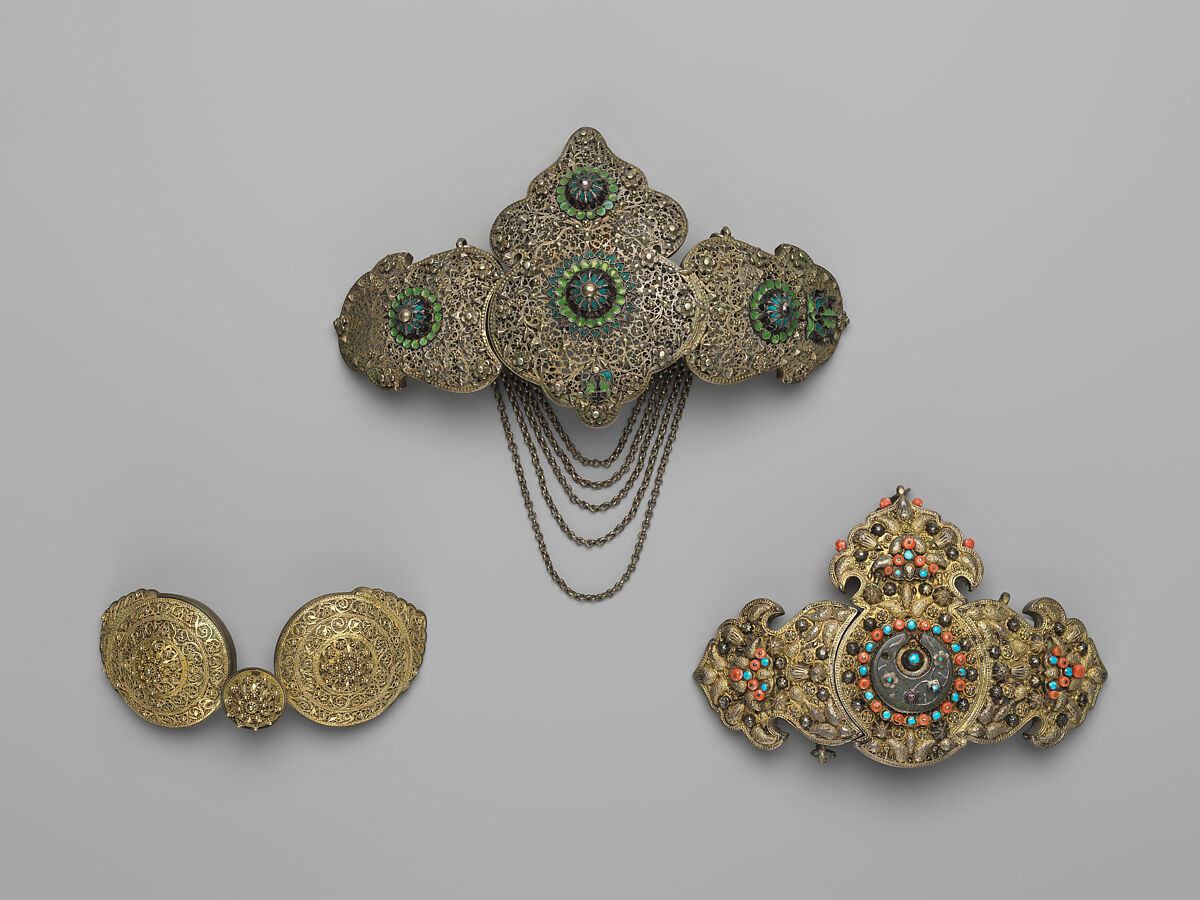 Girdle Clasp, Silver sheet; applied with filigree, granulation, inlaid with enamel