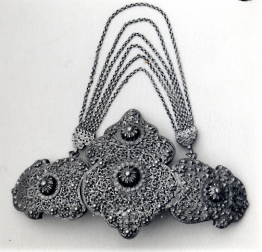 Girdle Clasp, Silver sheet; applied with filigree, granulation, inlaid with enamel
