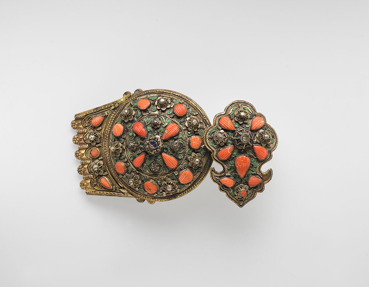 Girdle Clasp, Gold, coral, turquoise, pearl