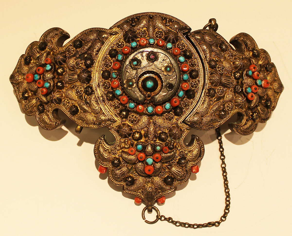 Girdle Clasp, Silver sheet; gilt, repoussé, patterned wire, and granulation; inlaid with silicae, coral and turquoise beads filigreed, granulation