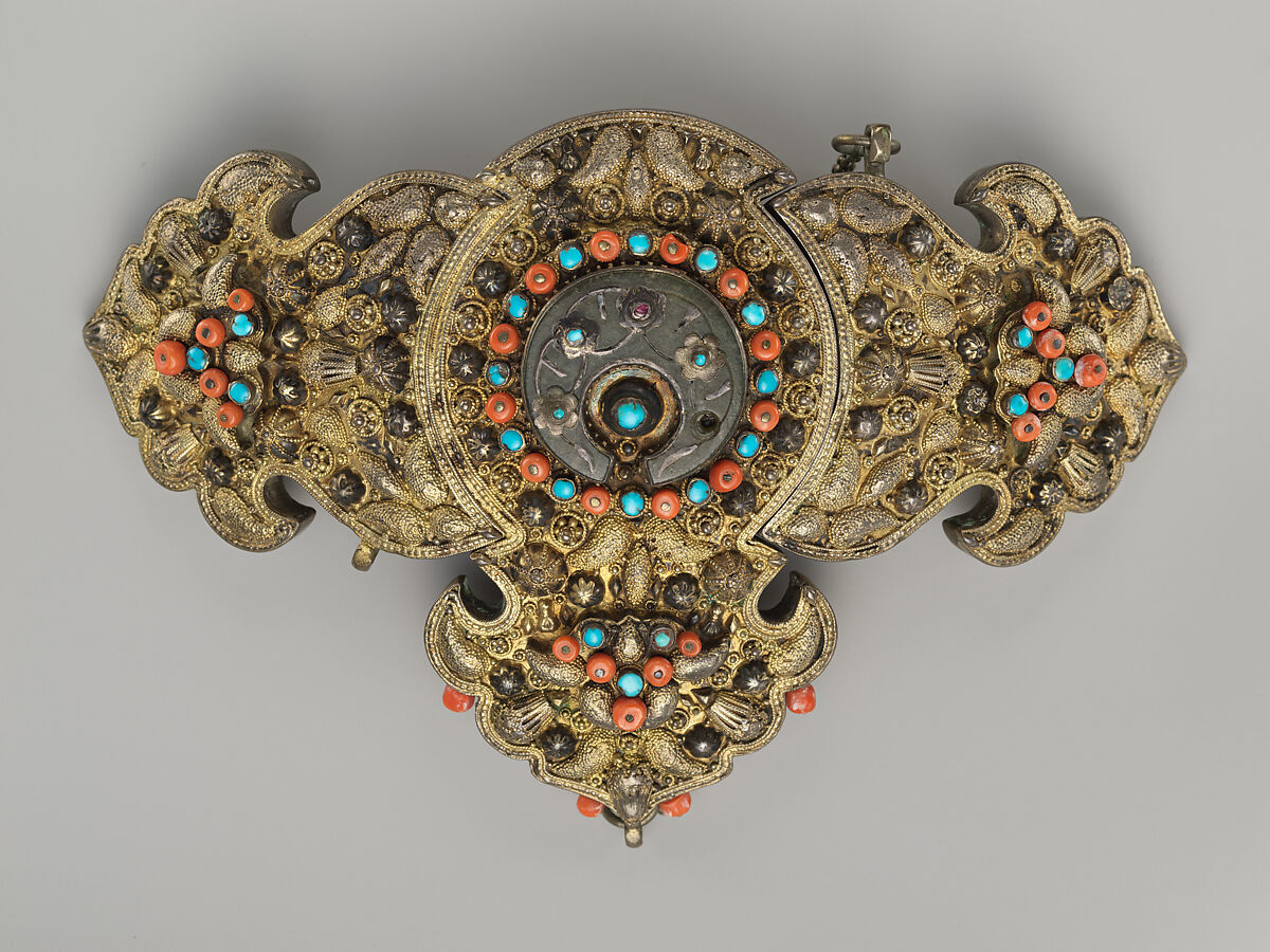Girdle Clasp, Silver sheet; gilt, repoussé, patterned wire, and granulation; inlaid with silicae, coral and turquoise beads filigreed, granulation 