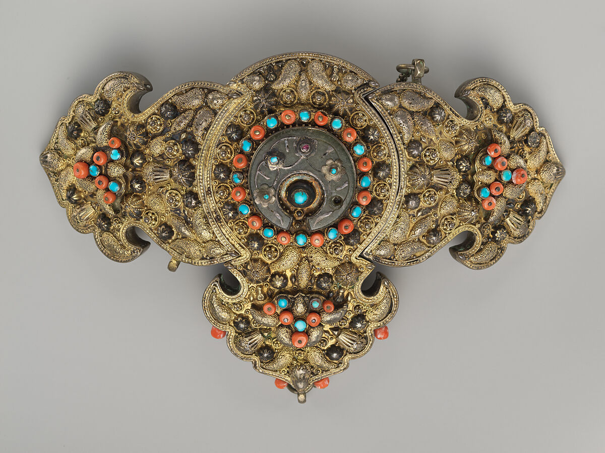 Girdle Clasp, Silver sheet; gilt, repoussé, patterned wire, and granulation; inlaid with silicae, coral and turquoise beads filigreed, granulation