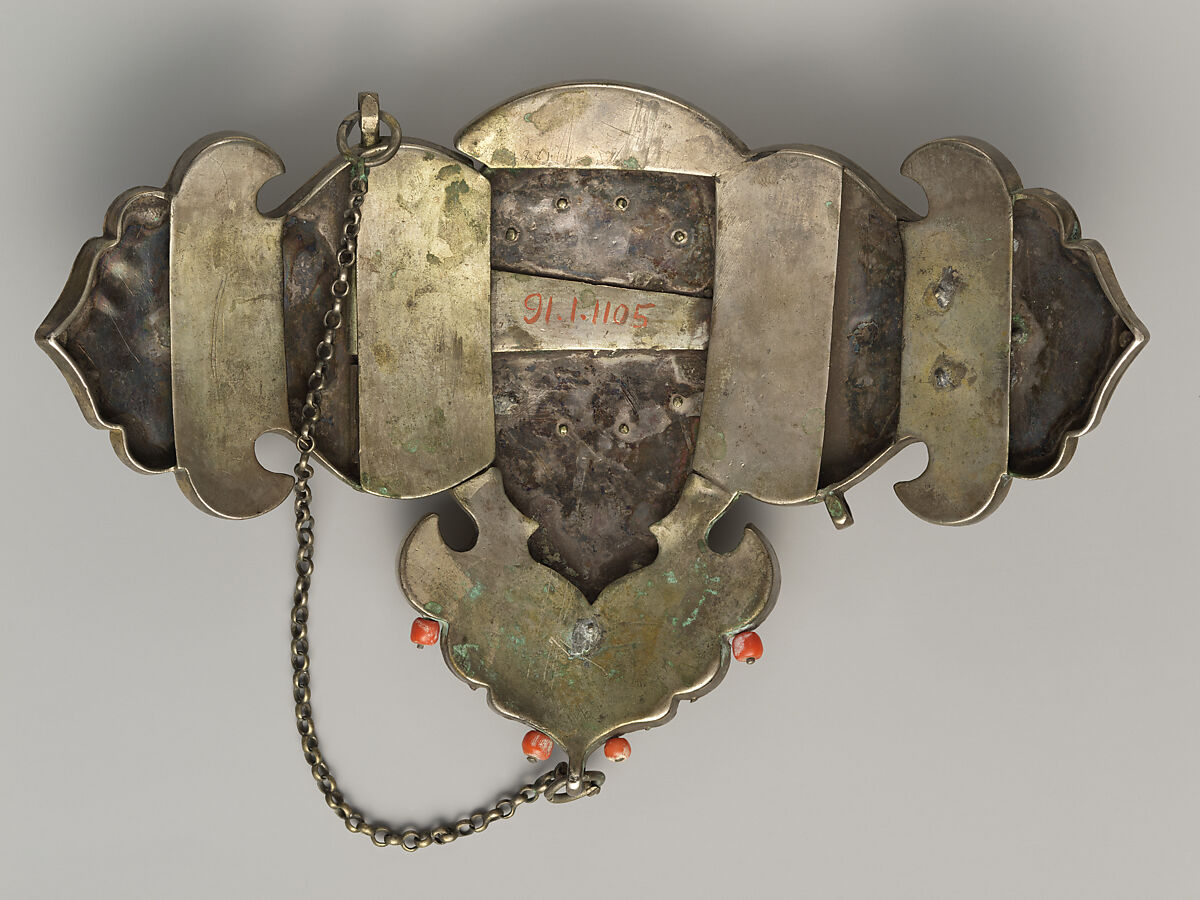 Girdle Clasp, Silver sheet; gilt, repoussé, patterned wire, and granulation; inlaid with silicae, coral and turquoise beads filigreed, granulation