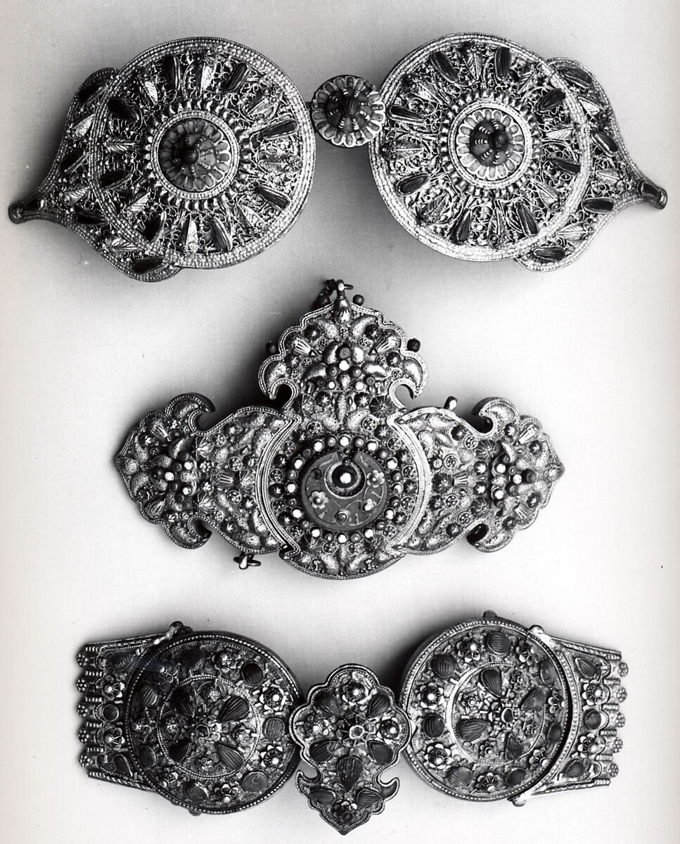 Girdle Clasp, Silver sheet; gilt, repoussé, patterned wire, and granulation; inlaid with silicae, coral and turquoise beads filigreed, granulation