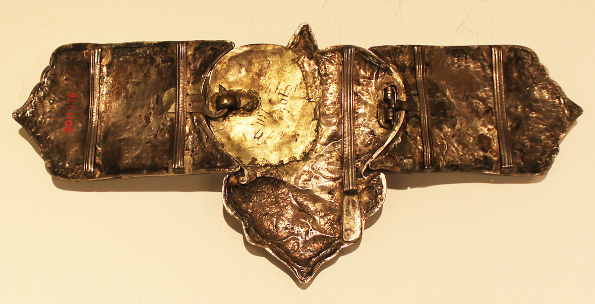 Girdle Clasp, Silver, glass, pearl, and gold thread