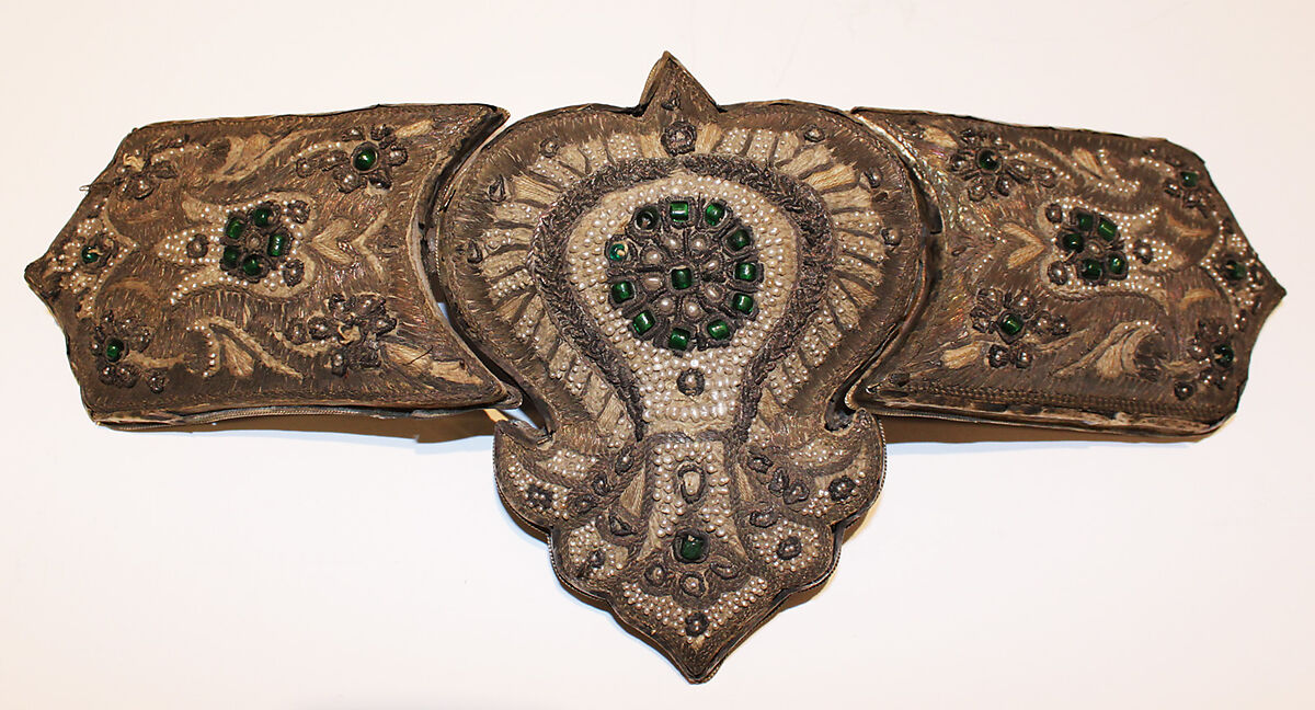 Girdle Clasp, Silver, glass, pearl, and gold thread