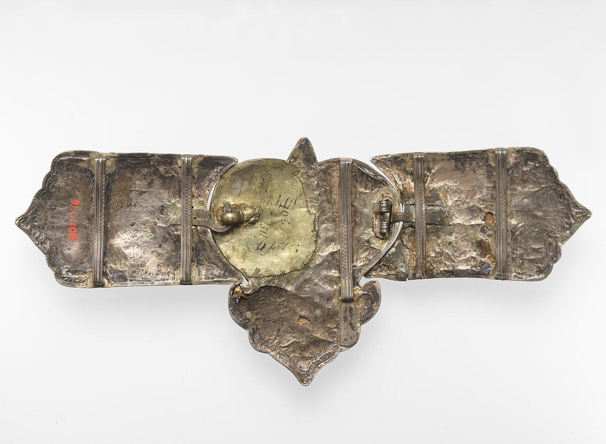 Girdle Clasp, Silver, glass, pearl, and gold thread