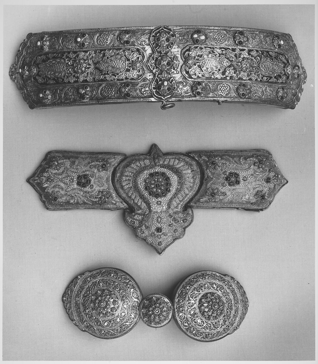 Girdle Clasp, Silver, glass, pearl, and gold thread