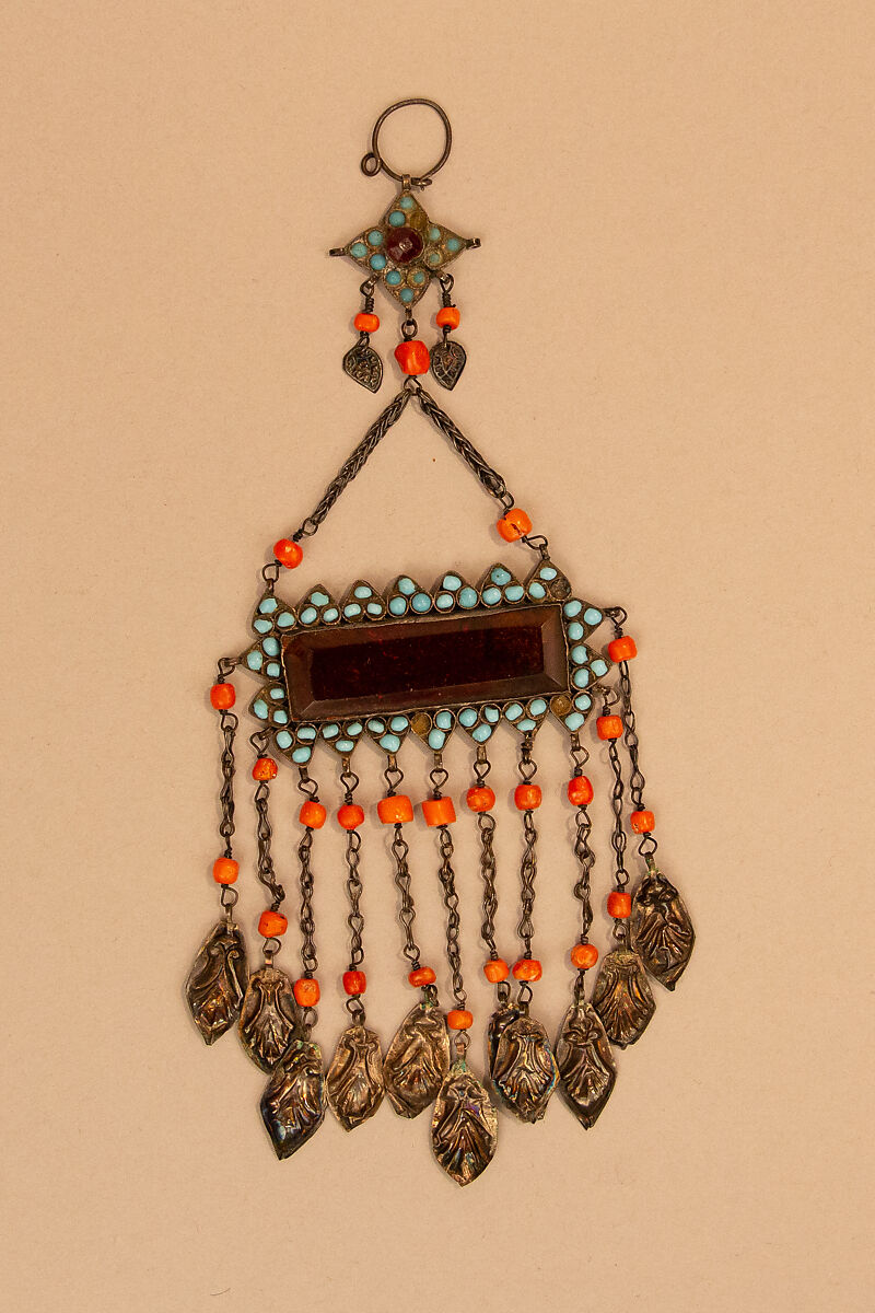 Pendant, One of a Pair, Silver, coral, amber, turquoise